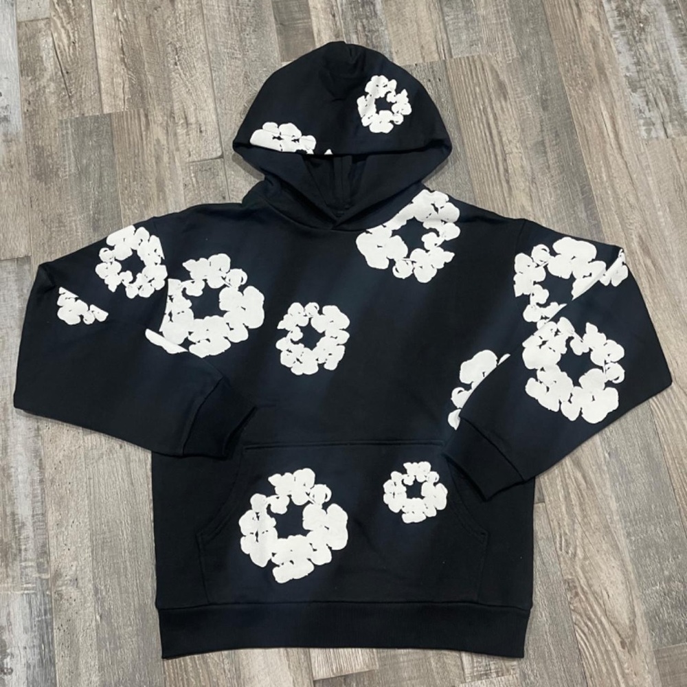 Stylish Black Hoodie with White Floral Design
